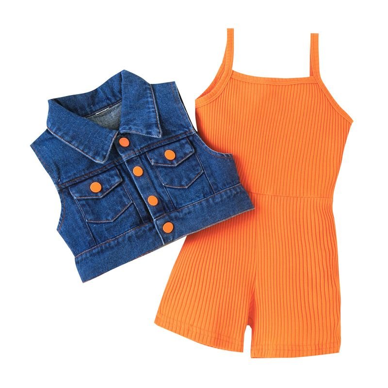 Kids Toddler Girls Fashion Casual Sleeveless Denim Vest Rib-Knit Jumpsuit Sets