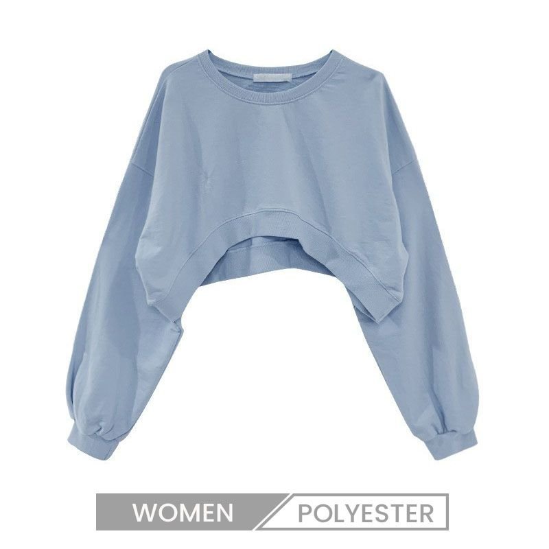 Custom Women Solid Color Loose Round Neck Long Sleeve Crop Loose Sweatshirt
