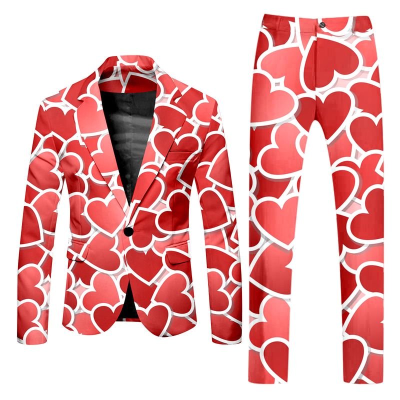 Men Fashion Casual Party Valentine Heart Shape Print Long Sleeve Lapel Suit Trousers Set