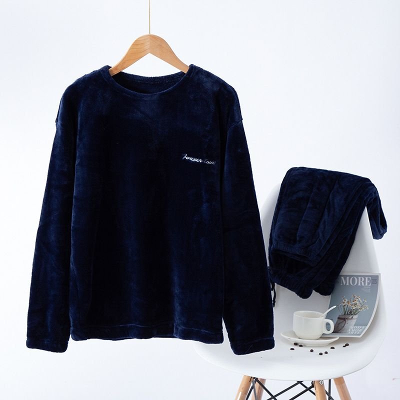 Men Autumn Winter Casual House Pajamas Solid Color Flannel Long Sleeve Lapel Top Trousers Sets