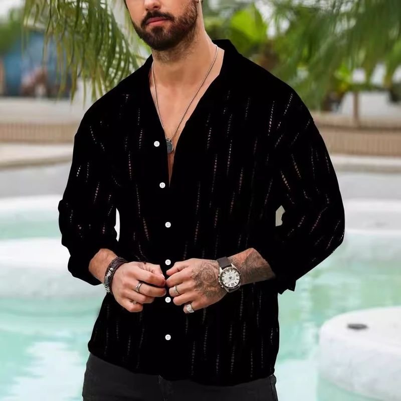 Men Fashion Casual Commuter Solid Color Hollow Long Sleeve Lapel Shirt