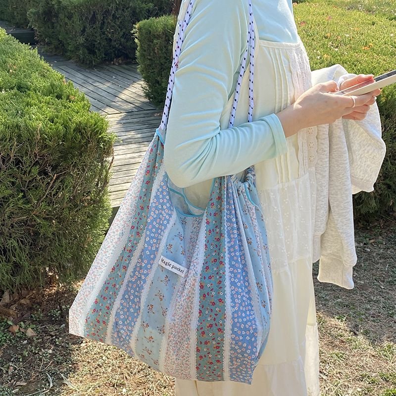 Summer Women Simple Sweet Small Tiny Flower Print Canvas Shopping Tote Bag