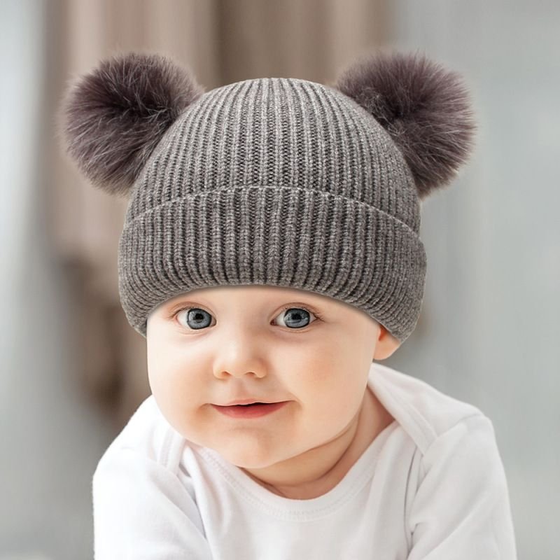 Fashion Winter Solid Color Knitted Mother And Kid Parent-Child Woolen Pompom Beanie Hat