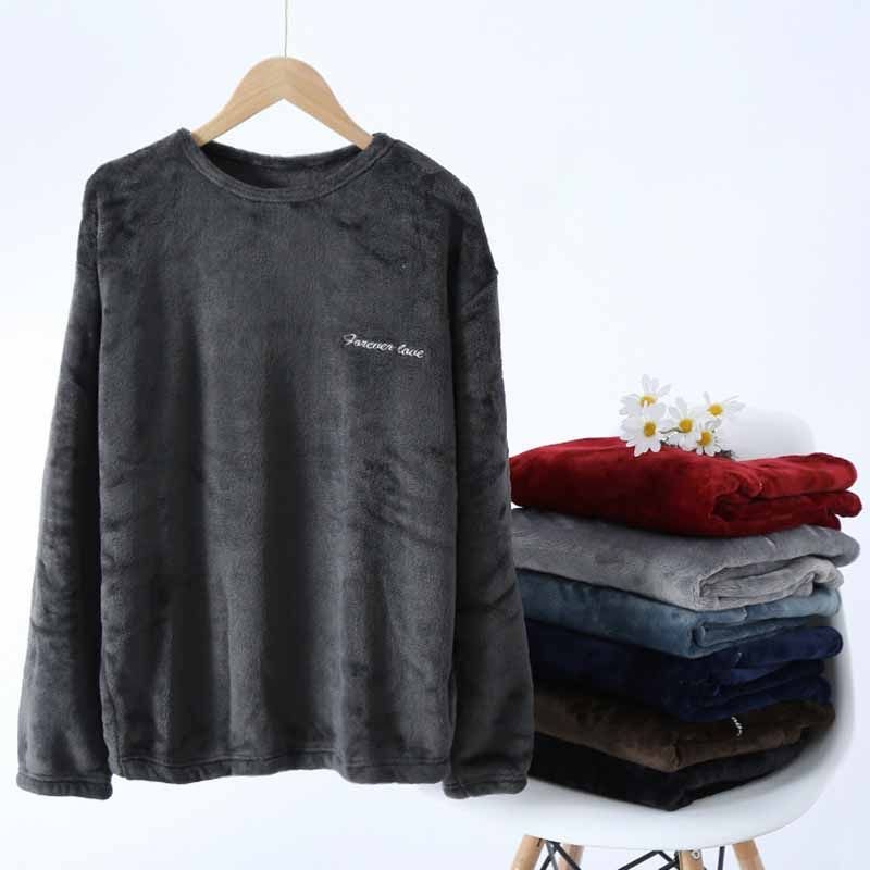 Men Autumn Winter Casual House Pajamas Solid Color Flannel Long Sleeve Lapel Top Trousers Sets