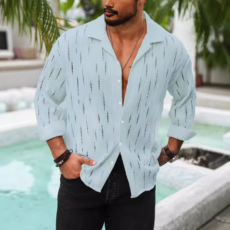 Men Fashion Casual Commuter Solid Color Hollow Long Sleeve Lapel Shirt