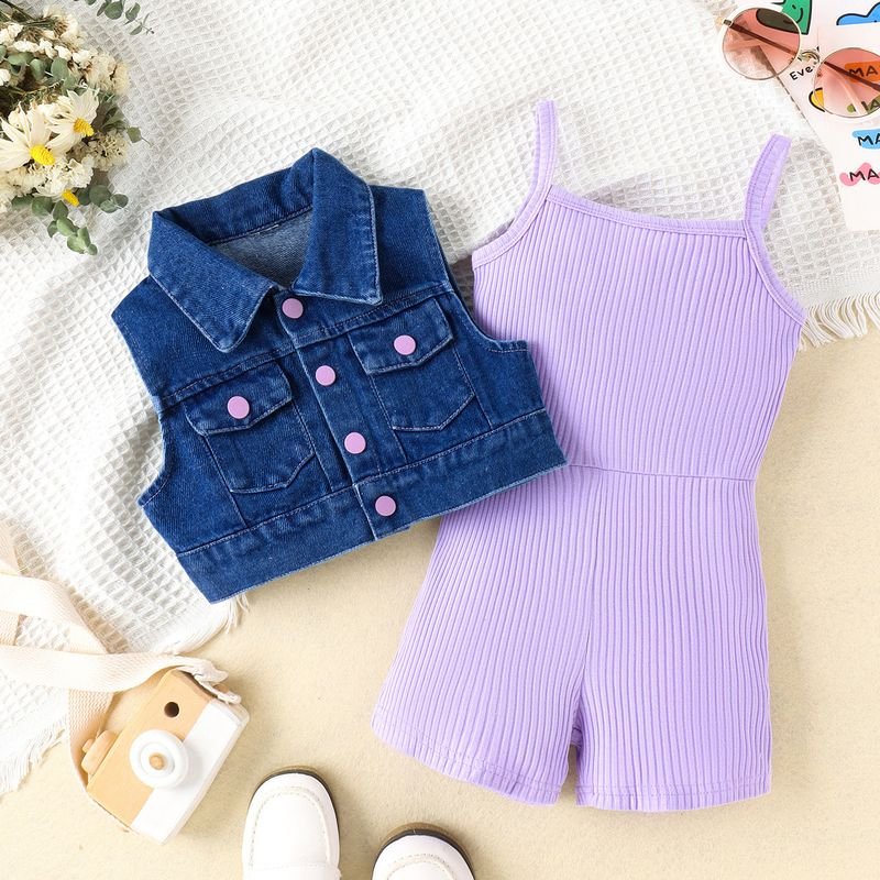 Kids Toddler Girls Fashion Casual Sleeveless Denim Vest Rib-Knit Jumpsuit Sets