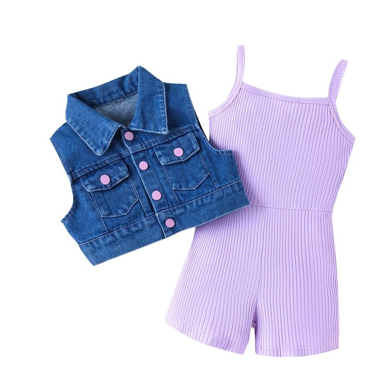 Kids Toddler Girls Fashion Casual Sleeveless Denim Vest Rib-Knit Jumpsuit Sets
