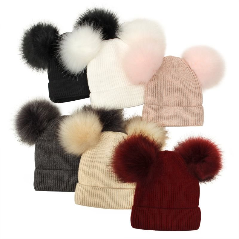 Fashion Winter Solid Color Knitted Mother And Kid Parent-Child Woolen Pompom Beanie Hat