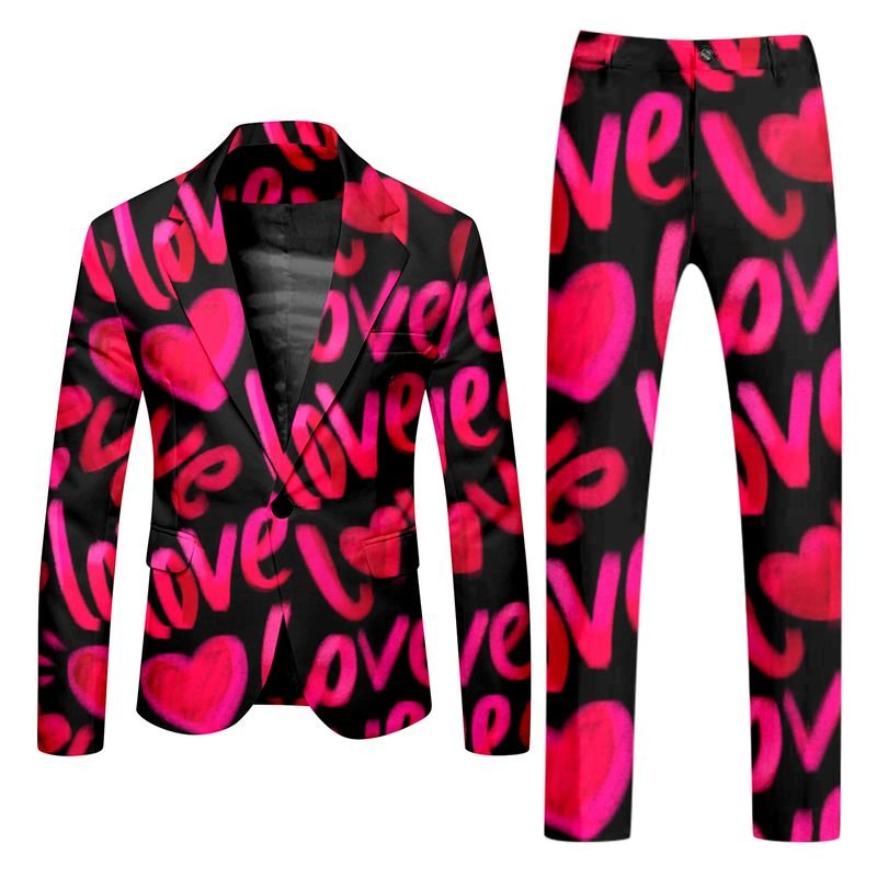 Men Fashion Casual Party Valentine Heart Shape Print Long Sleeve Lapel Suit Trousers Set
