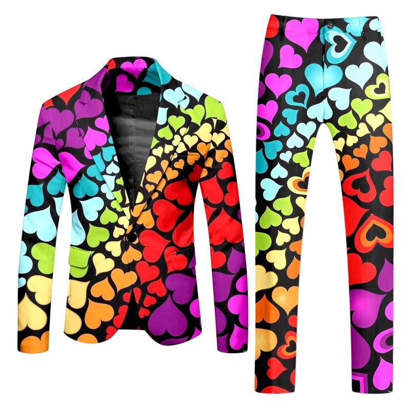 Men Fashion Casual Party Valentine Heart Shape Print Long Sleeve Lapel Suit Trousers Set