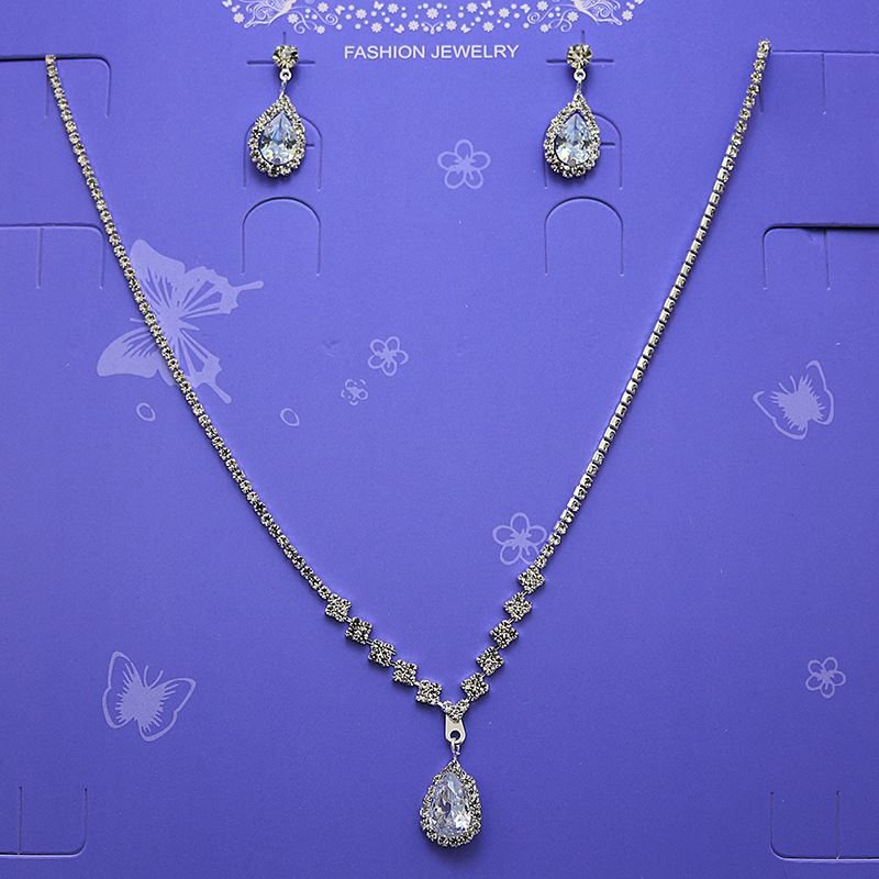 Women Simple Imitation Rhinestone Wedding Necklace Earring Set