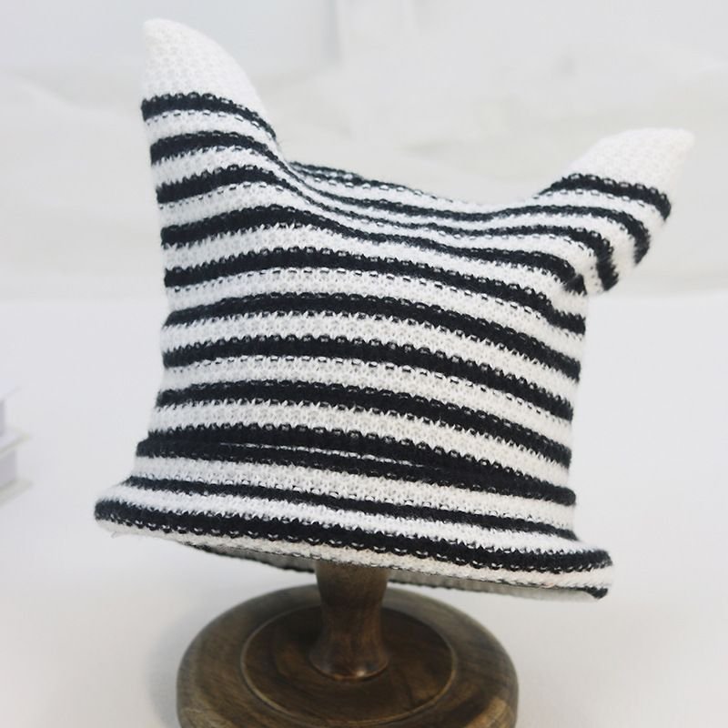 Autumn Winter Women Fashion Cute Cat Ears Stripe Warm Knitted Wool Hat
