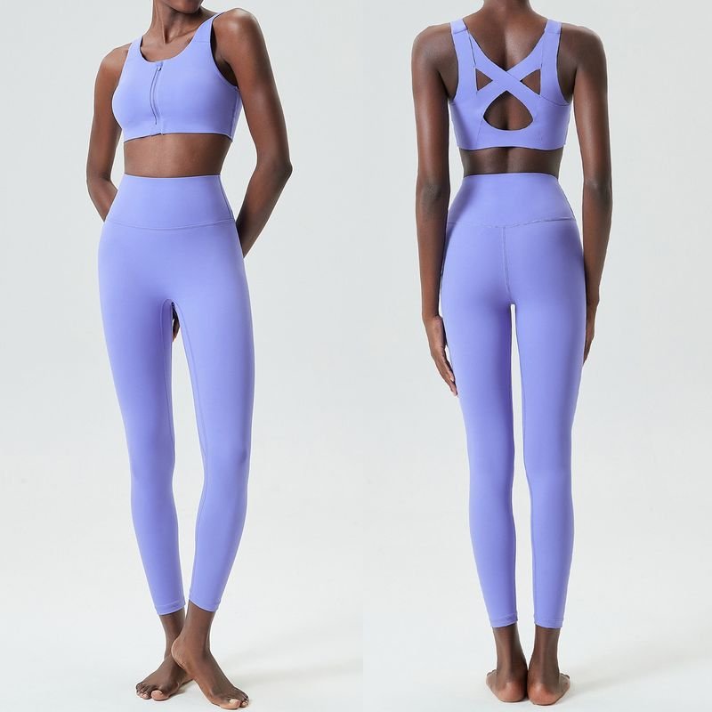 Women Casual Solid Color Shock-Proof Running Fitness Tight Top Yoga Pants Two-Piece Set