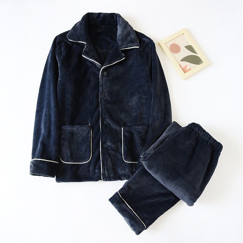 Men Autumn Winter Casual House Pajamas Solid Color Flannel Long Sleeve Lapel Top Trousers Sets