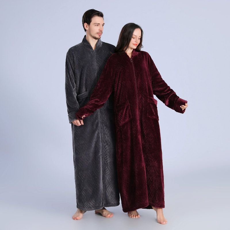 Couples Winter Fashion Casual Home Solid Color Stripe Flannel V Neck Zipper Long Sleeve Robes Sleepwear