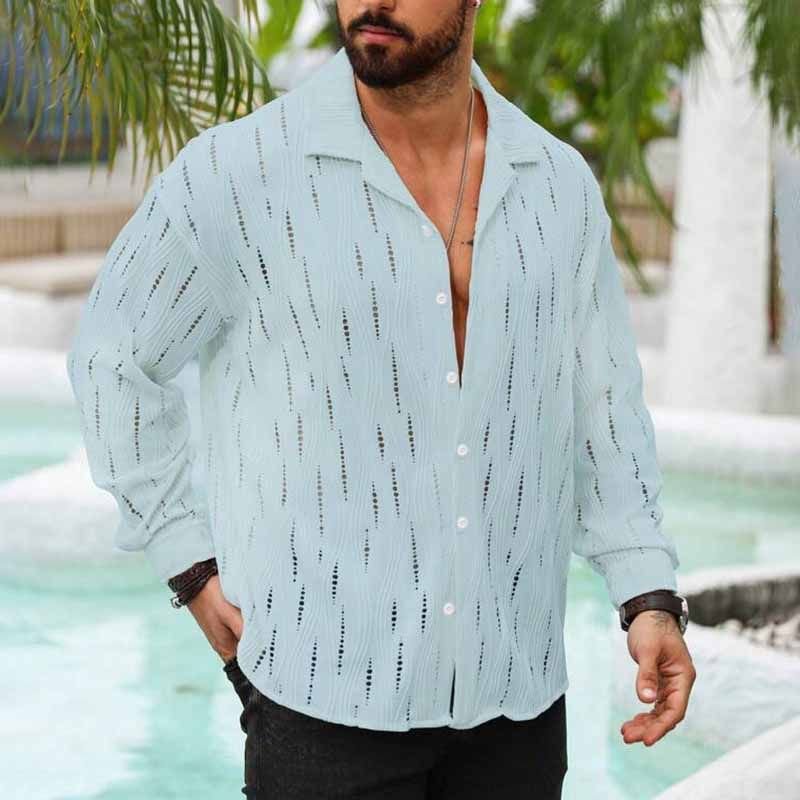 Men Fashion Casual Commuter Solid Color Hollow Long Sleeve Lapel Shirt