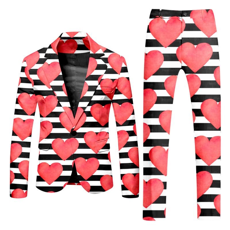 Men Fashion Casual Party Valentine Heart Shape Print Long Sleeve Lapel Suit Trousers Set