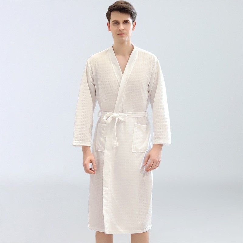 Couples Fashion Casual Home Solid Color Waffle V Neck Long Sleeve Robes Sleepwear