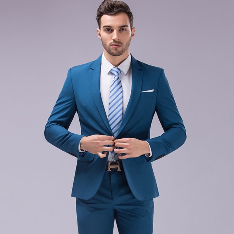 Men Business Wedding Office Solid Color Long Sleeve Lapel Suit Pants Plus Size Sets