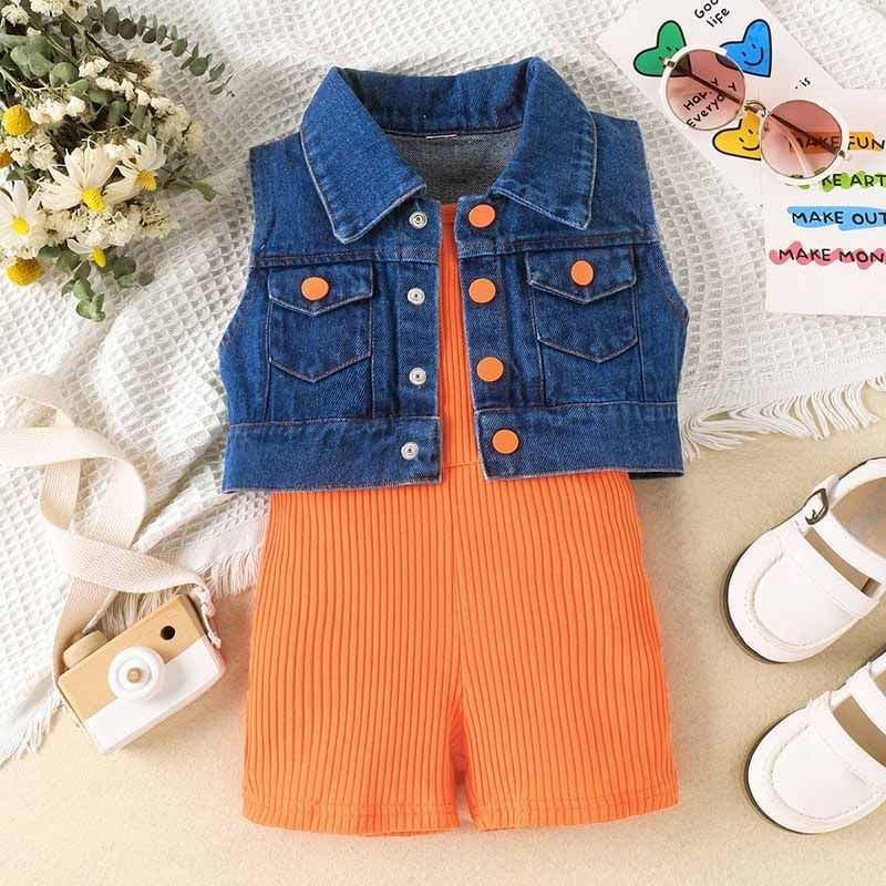 Kids Toddler Girls Fashion Casual Sleeveless Denim Vest Rib-Knit Jumpsuit Sets