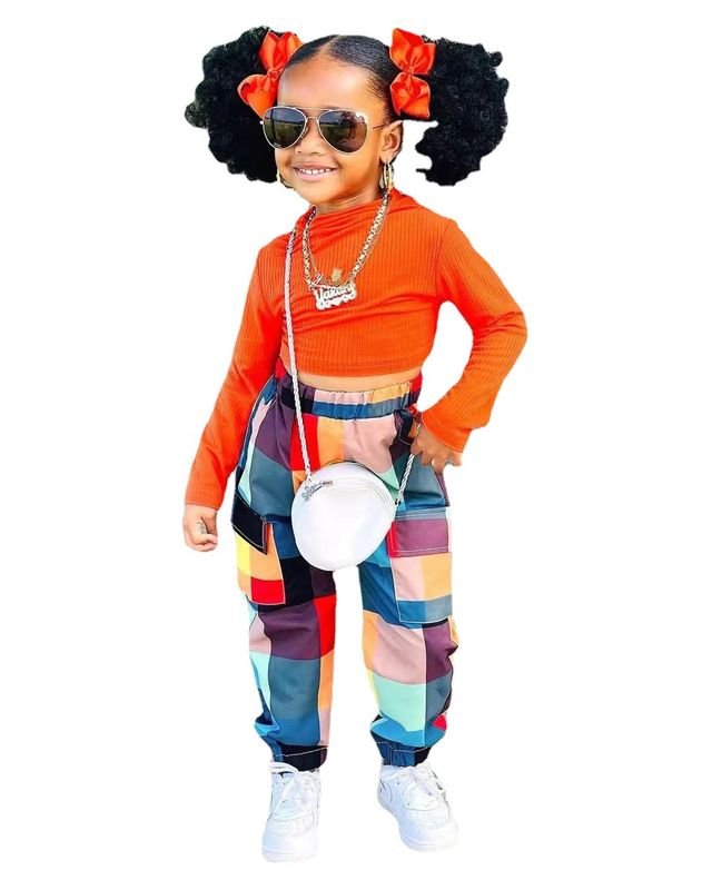 Kids Toddler Girls Fashion Casual Solid Color Long Sleeve T-Shirt Multicolor Plaid Trousers Sets
