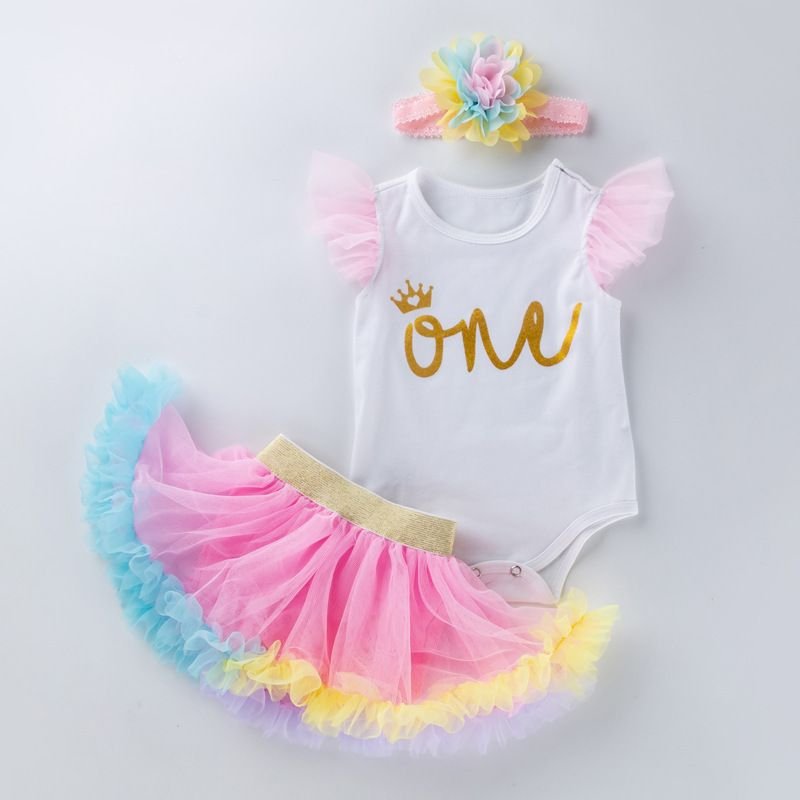 Kids Baby Girls Party Cute Letters Print Fluttering Sleeve Romper Skirt Set