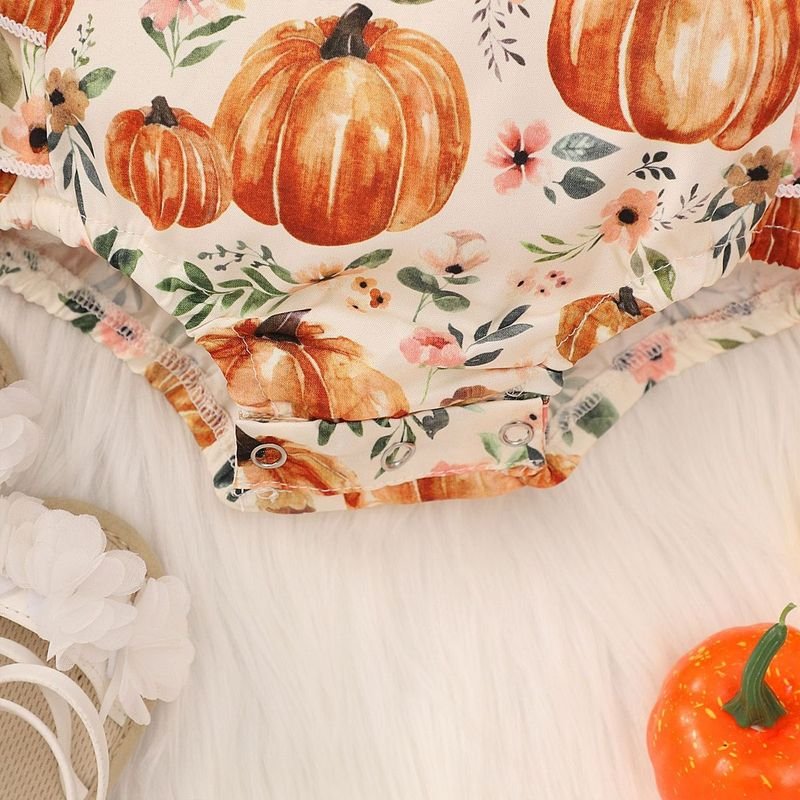 Kids Baby Girls Casual Cute Thanksgiving Pumpkin Print Short Sleeve Romper