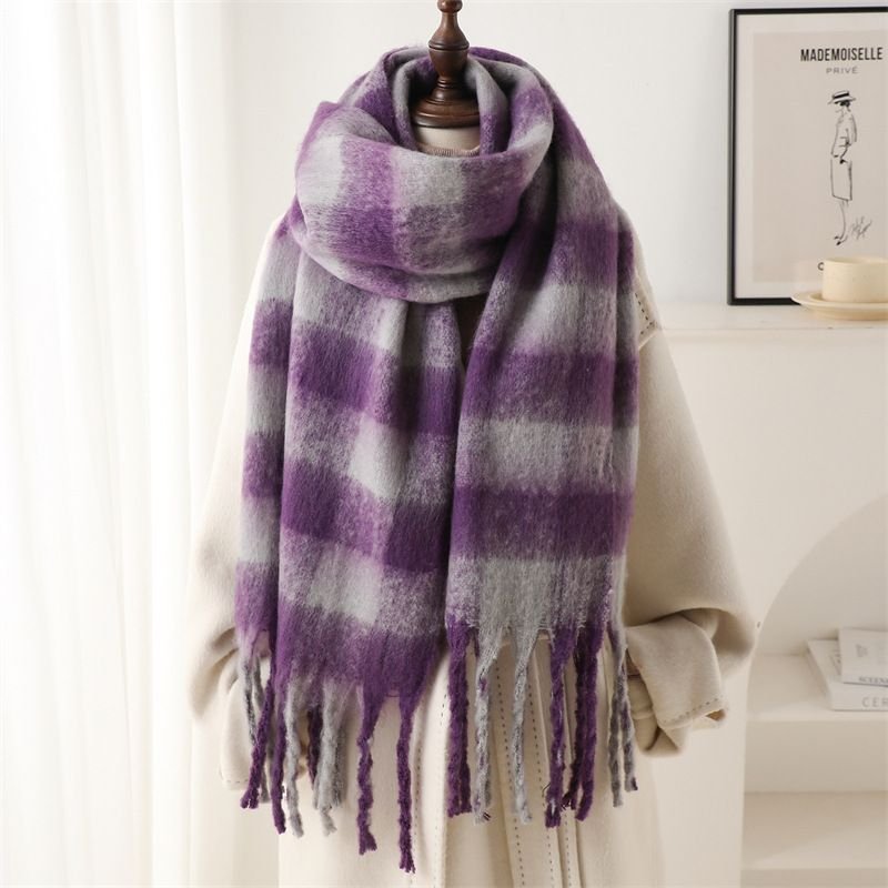 Autumn Winter Women Fashion Plaid Thickened Warm Tassel Scarf