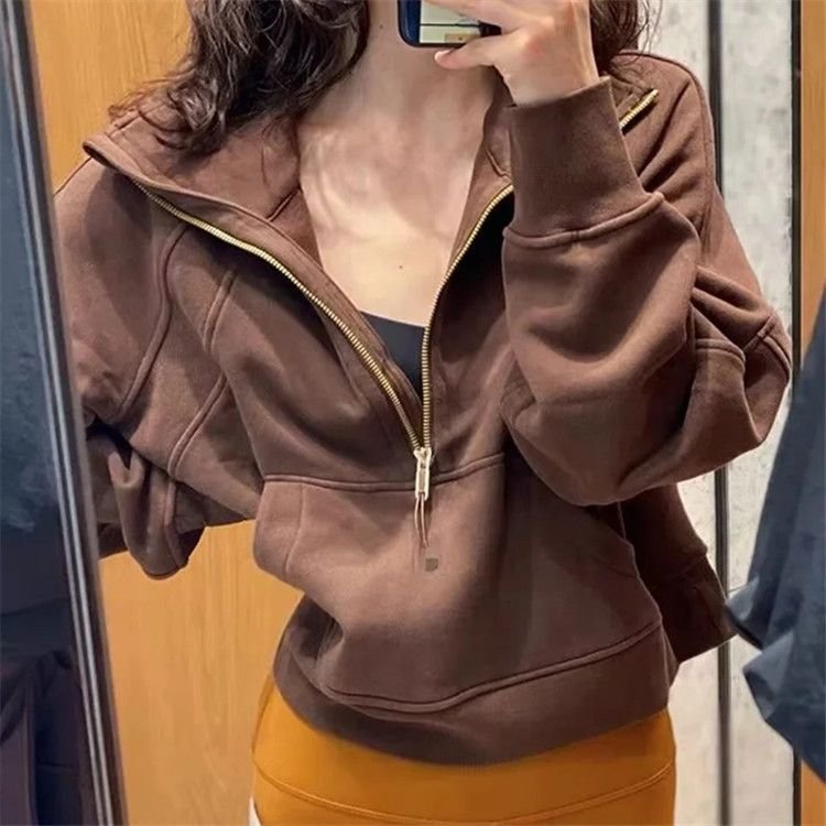 Casual Yoga Sports Loose Half Zipper Pullover Fleece-Lined Women Stand Collar Sweatshir Custom