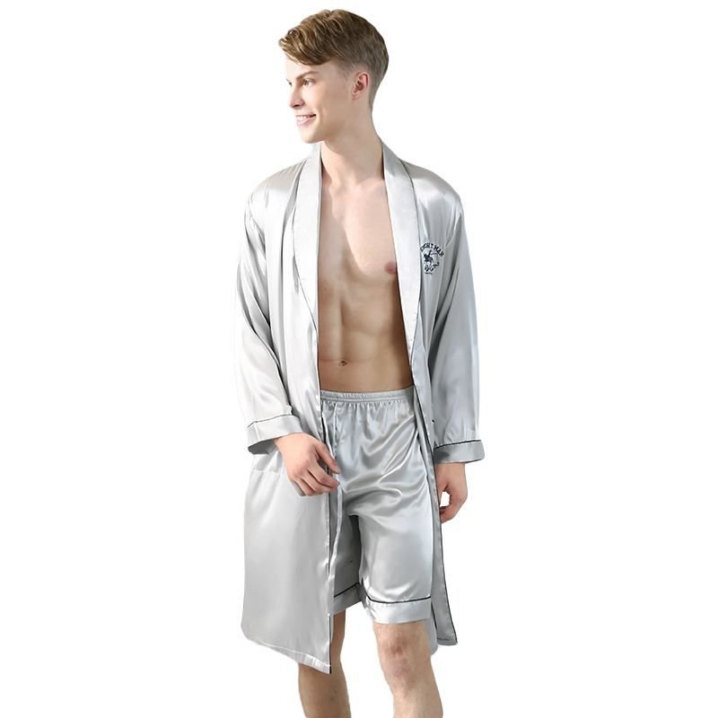 Men Contrast Binding Solid Color Robe And Sleep Short Set