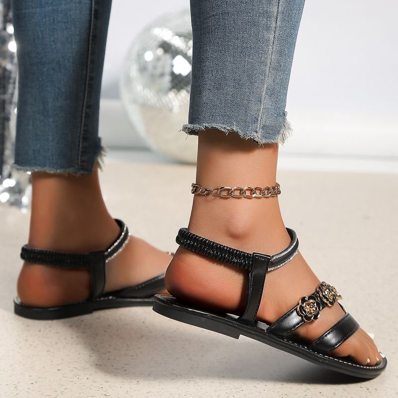 Summer Women Fashion Plus Size Floral Decorative Round Toe Flat Thong Sandals