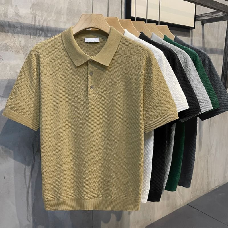 Men Fashion Casual Basic Solid Color Rib-Knit Short Sleeve Lapel POLO Shirt