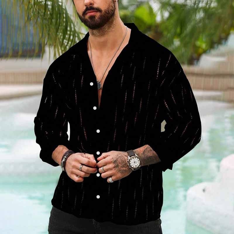 Men Fashion Casual Commuter Solid Color Hollow Long Sleeve Lapel Shirt