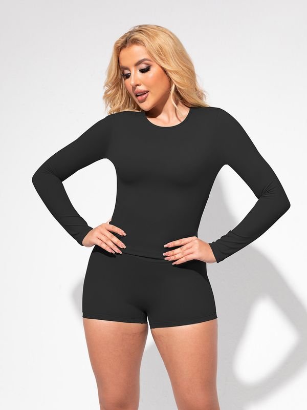 Women Fashion Solid Color Sports Running Fitness Long Sleeve Top Shorts Two-Piece Set