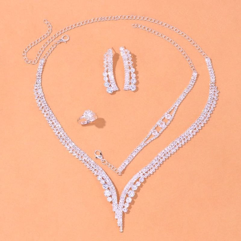 Women Fashion Simple Diamond Necklace Earrings Bracelet Ring Jewelry Set