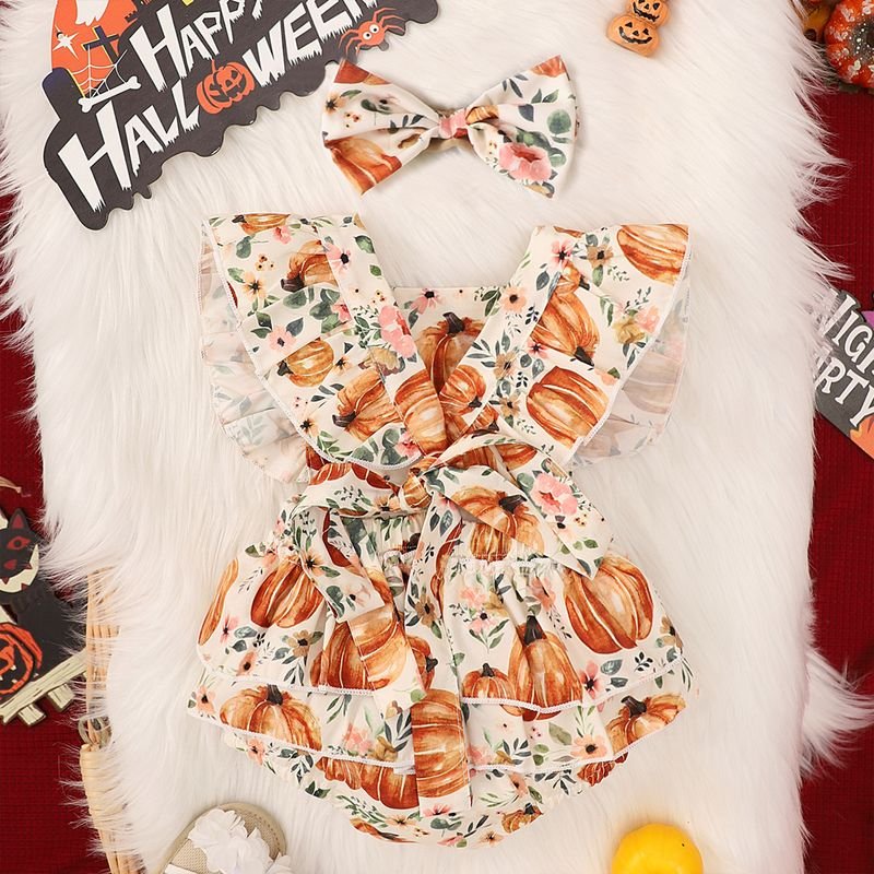 Kids Baby Girls Casual Cute Thanksgiving Pumpkin Print Short Sleeve Romper