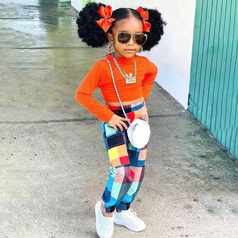 Kids Toddler Girls Fashion Casual Solid Color Long Sleeve T-Shirt Multicolor Plaid Trousers Sets