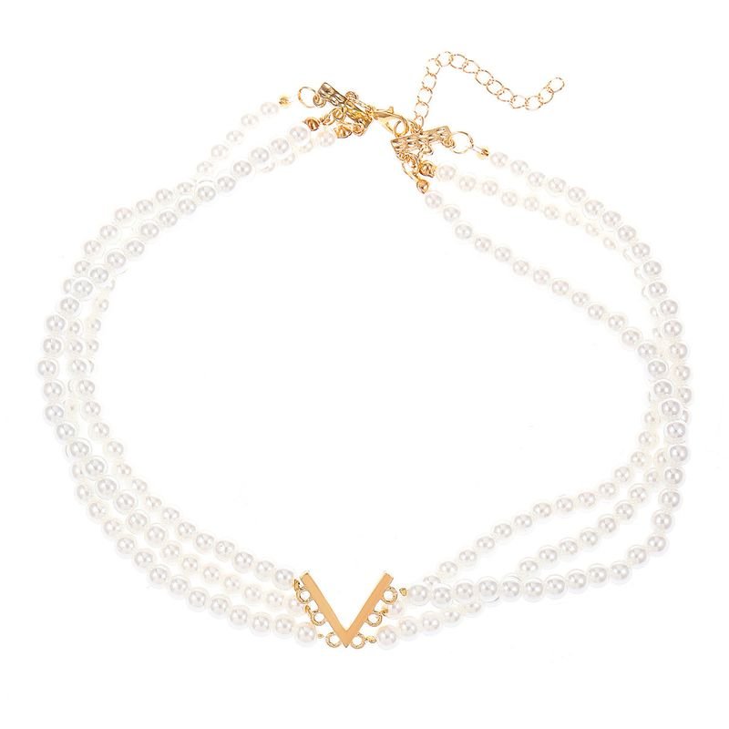 Women Fashion Creative V-Neck Pearl Multi-Layer Necklace Bracelet