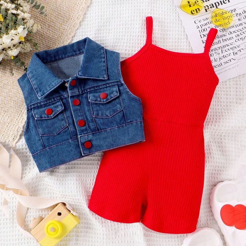 Kids Toddler Girls Fashion Casual Sleeveless Denim Vest Rib-Knit Jumpsuit Sets