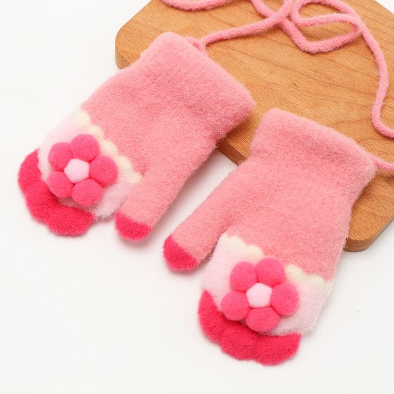 Kids Girls Fall Winter Casual Cute Flower Fleeces Knitwear Lanyard Gloves