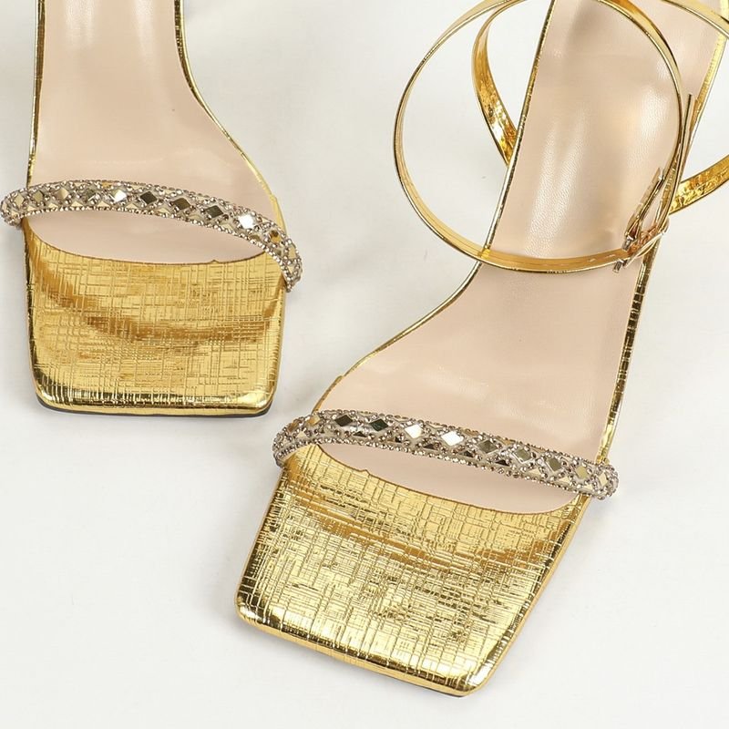 Women Fashion Sexy Plus Size Rhinestone Shaped Heeled Sandals With Square Toe Buckle