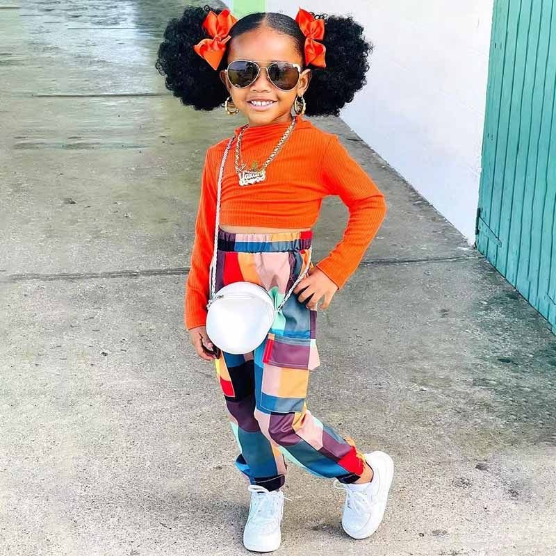 Kids Toddler Girls Fashion Casual Solid Color Long Sleeve T-Shirt Multicolor Plaid Trousers Sets