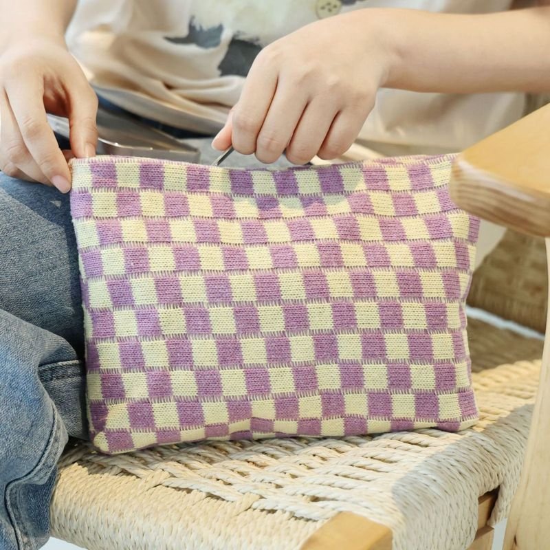 Fashion Checkerboard Wool Cosmetic Bag
