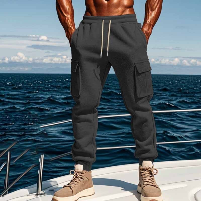 Men Winter Fashion Casual Basic Solid Color Fleeces Drawstring Waist Cargo Pants