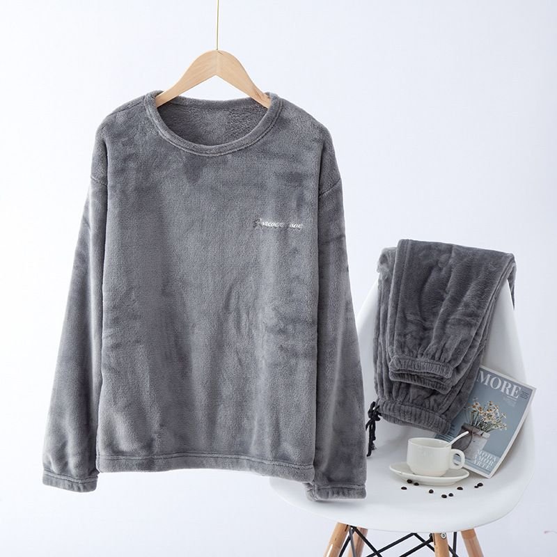 Men Autumn Winter Casual House Pajamas Solid Color Flannel Long Sleeve Lapel Top Trousers Sets