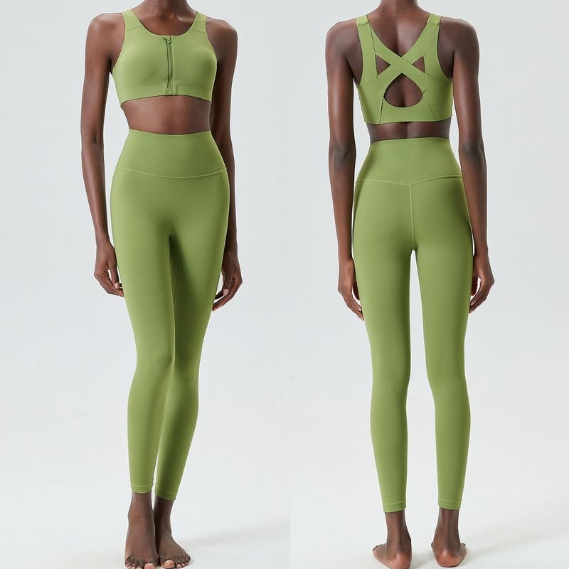 Women Casual Solid Color Shock-Proof Running Fitness Tight Top Yoga Pants Two-Piece Set