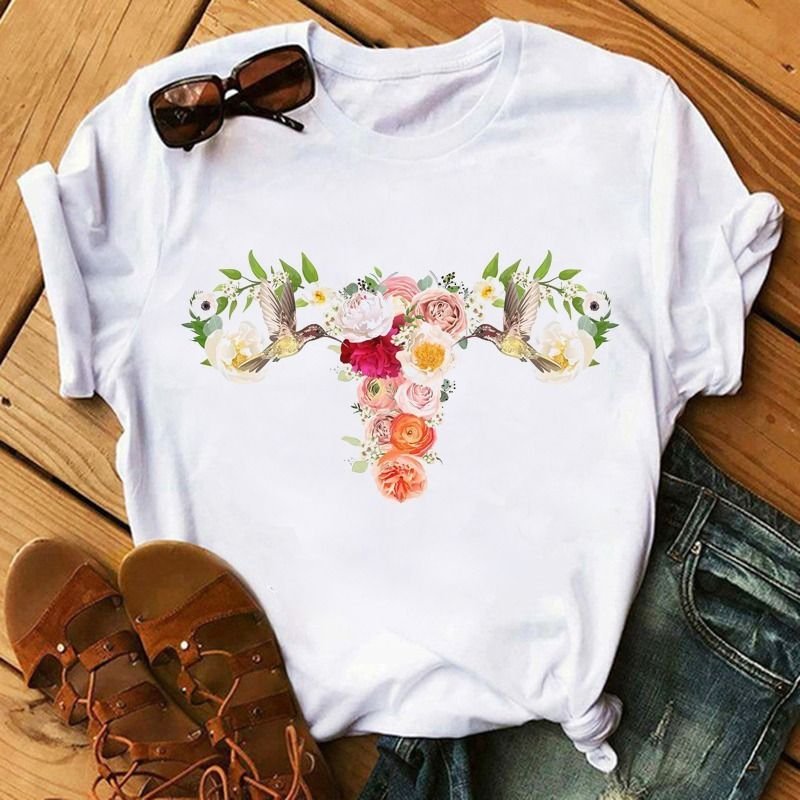Summer Women Fashion Heart Floral Print Round Neck Short Sleeve T-Shirt